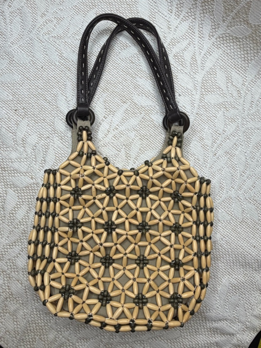 Nine West Beige and Dark Brown Beaded Shoulder Bag